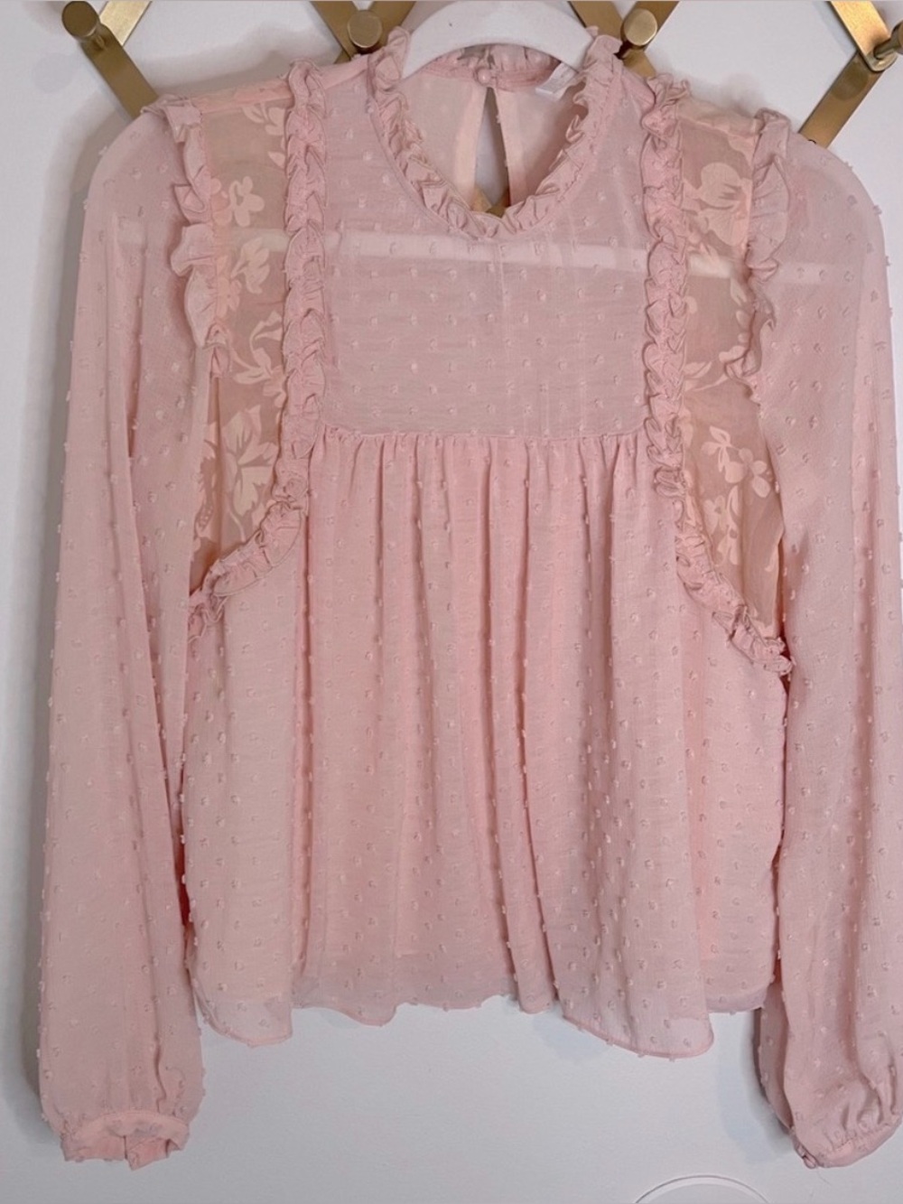 Zara Pink Lace Swiss Dot Blouse Top Medium
